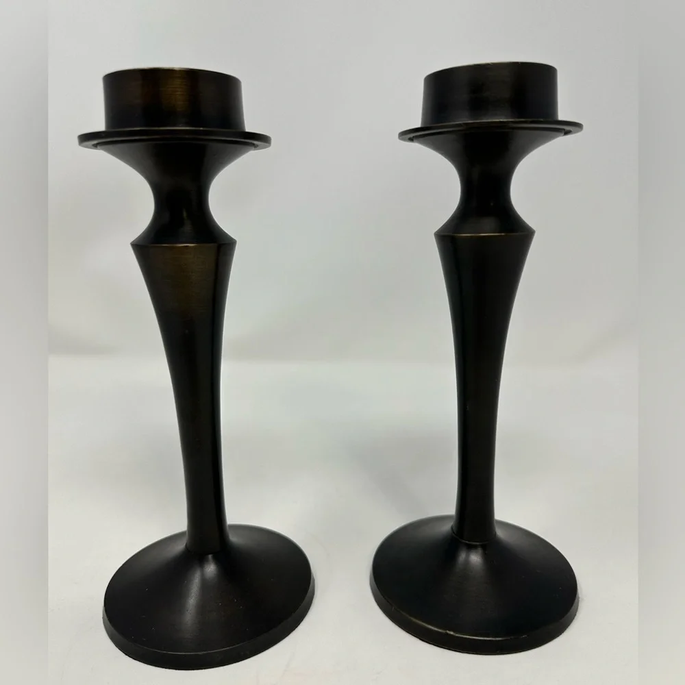 Pottery Barn Set Of‎ 2 Brown Candle Holder Sticks Heavy Taper Pillar 8.5